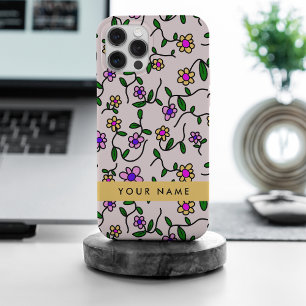 Kleurrijke Bloemen, Roze Achtergrond, Geel iPhone 15 Pro Max Hoesje