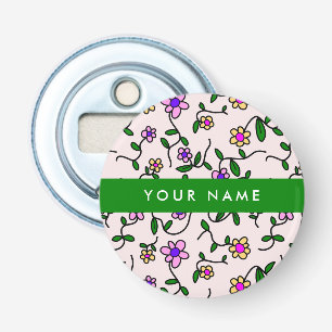Kleurrijke Bloemen, Roze Achtergrond, Groen Button Flesopener