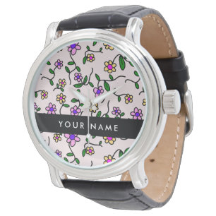 Kleurrijke Bloemen, Roze Achtergrond, Zwart Horloge