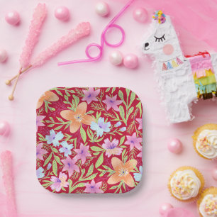 Kleurrijke bloemen, roze, koraal en wit papieren bordje