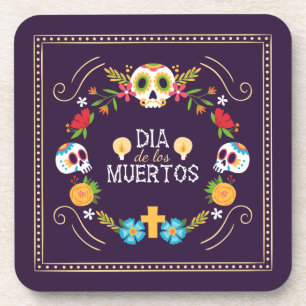 Kleurrijke bloemen schedels Dia de Muertos Onder Bier Onderzetter