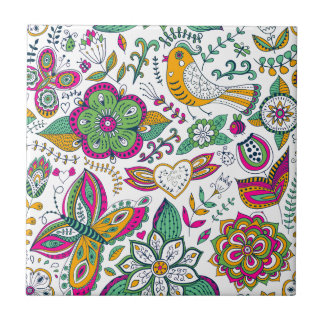 Kleurrijke bloemen vogels en vlinders patroon tegeltje