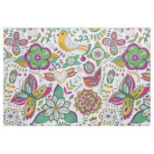Kleurrijke bloemen vogels & vlinders patroon stof