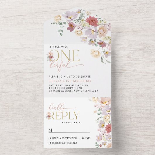 Kleurrijke bloemen, wilde bloemen, eerste verjaard all in one uitnodiging (Binnen)