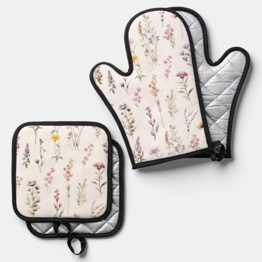 Kleurrijke bloemen, wilde bloemen, tuin bloemen ovenwant & pannenlap set (Voorkant / Achterkant)