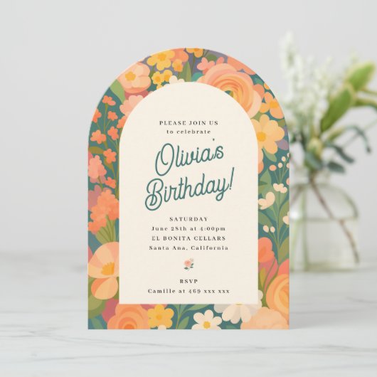 Kleurrijke Bloemenboog Verjaardag Uitnodiging (Staand voorkant)