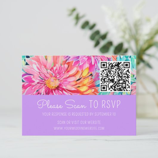 Kleurrijke bloemenbruiloft QR Code Enclosure RSVP Kaartje (Staand voorkant)