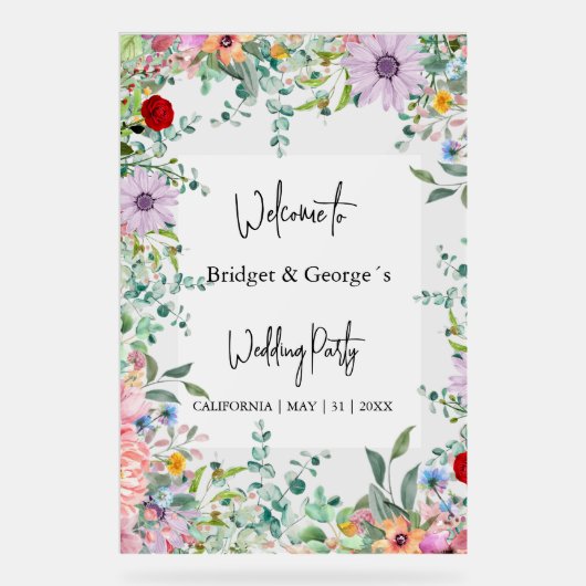 Kleurrijke bloemengroen Frosted bruiloft Welkom Acryl Bord (Voorkant)