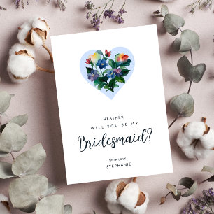 Kleurrijke bloemenhart blauwe tinten bruidsmeisje kaart