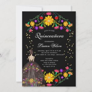Kleurrijke bloemenjurk quinceanera uitnodiging