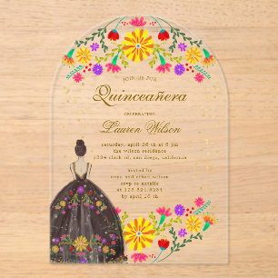 Kleurrijke bloemenjurk quinceanera uitnodiging acryl uitnodigingen