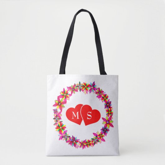 Kleurrijke bloemenkrans en harten draagtas (Voorkant)