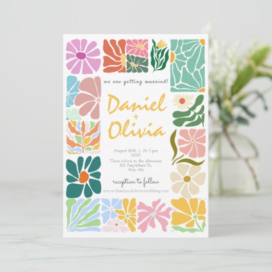  kleurrijke bloemenretro bruiloft kaart (Staand voorkant)