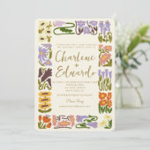 kleurrijke bloemenretro bruiloft kaart (Staand voorkant)