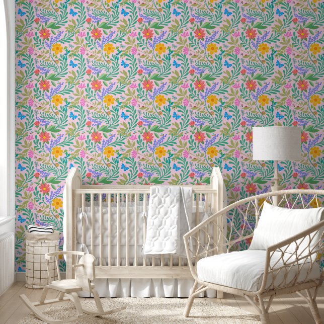 Kleurrijke bloemenretro Schattige grappig meisje p Behang (Kinderen)