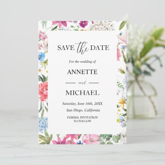 Kleurrijke bloemensave the date uitnodiging (Staand voorkant)