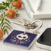 Kleurrijke Bloemenschedel Dia de Muertos | Button Sleutelhanger (Voorkant Rechts)