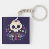 Kleurrijke Bloemenschedel Dia de Muertos | Button Sleutelhanger (Achterkant)