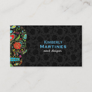 Kleurrijke bloemensuiker schedel & zwarte damasks visitekaartje