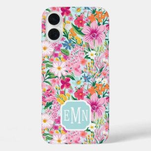 Kleurrijke bloementuin met monogram iPhone 16 plus hoesje