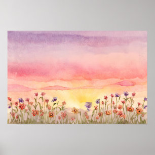 Kleurrijke Bloemenveld zonsondergang Schilderen wa Poster