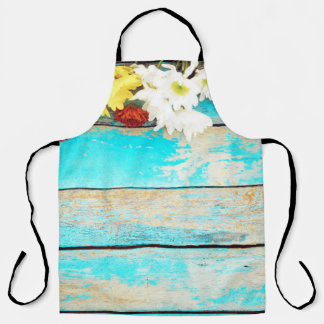 Kleurrijke bloemetjes,  houten rand. schort