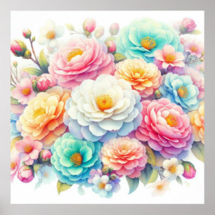 Kleurrijke bloemetjes in zachte pastelkleuren wate poster