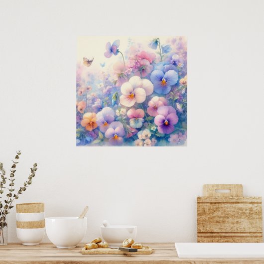 Kleurrijke bloemetjes in zachte pastelkleuren wate poster (Keuken)