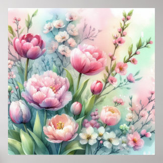 Kleurrijke bloemetjes in zachte pastelkleuren wate poster