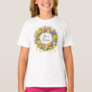 Kleurrijke bloemige Pasen Hij is verrezen krans T-shirt
