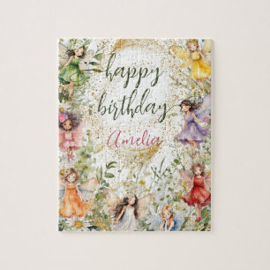 Kleurrijke bloemige Schattigee feeën Happy Birthda Legpuzzel