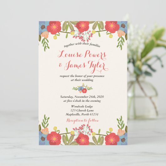 Kleurrijke bloemige trouwuitnodiging kaart (Staand voorkant)