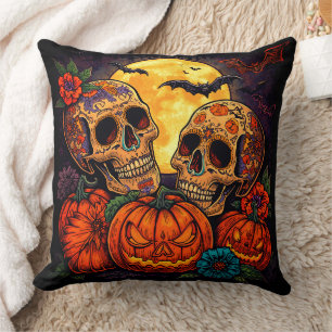 Kleurrijke bloemrijke Calavera-schedel, Halloween Kussen