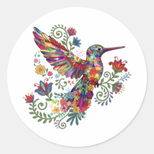 Kleurrijke bloemrijke kolibrie watercolor kunst ronde sticker