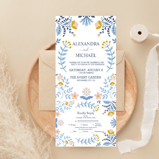 Kleurrijke bloemrijke volkskunst bruiloft all in one uitnodiging