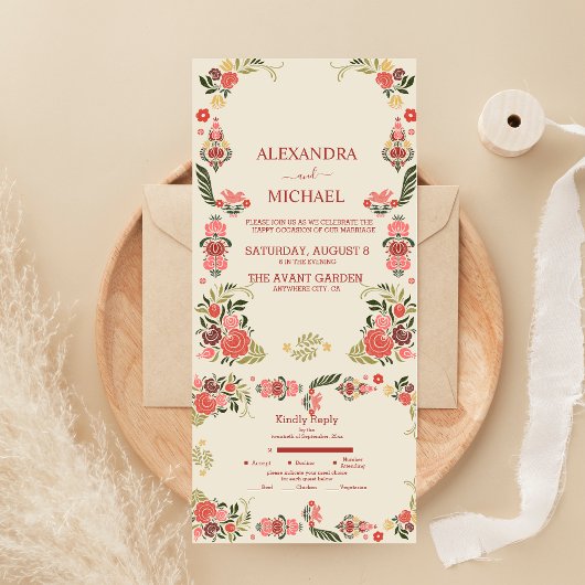 Kleurrijke bloemrijke volkskunst bruiloft all in one uitnodiging