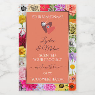 Kleurrijke bloemrijke zalmproductlabels met harten voedselcontainer etiket