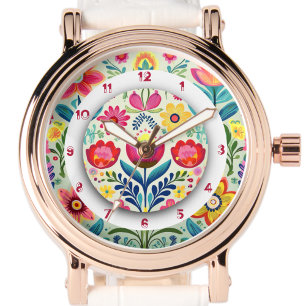 Kleurrijke bloemschildering boho twee kronen horloge
