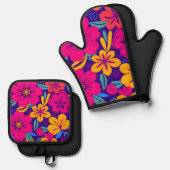 Kleurrijke Blooms-Dopamine Style-Retro bloemen Ovenwant & Pannenlap Set (Voorkant / Achterkant)