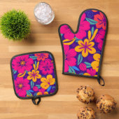 Kleurrijke Blooms-Dopamine Style-Retro bloemen Ovenwant & Pannenlap Set (Top down)