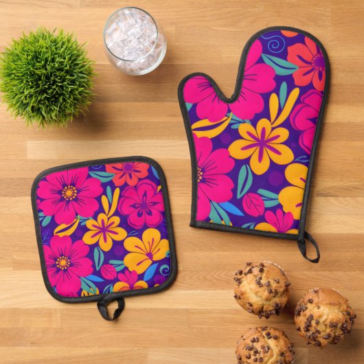 Kleurrijke Blooms-Dopamine Style-Retro bloemen Ovenwant & Pannenlap Set (Top down)