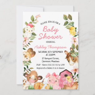 Kleurrijke Boerderijdieren Roze Schuur Baby shower Kaart