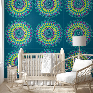 Kleurrijke Bohemienbloem met aangepast monogram Behang