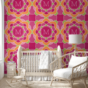 Kleurrijke Bohemienbloem met aangepast monogram Behang