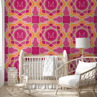 Kleurrijke Bohemienbloem met aangepast monogram Behang
