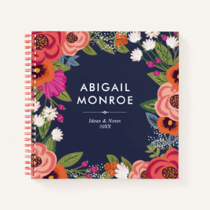 Kleurrijke Boho Bloemen - Navy Blue & Coral - Naam Notitieboek
