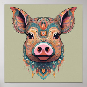 Kleurrijke Boho Boheemse Varken Whimsical Kunst in Poster