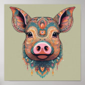Kleurrijke Boho Bohemian Pig Whimsical Art in Sage Poster (Voorkant)