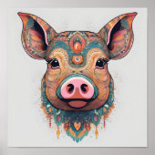 Kleurrijke Boho Bohemian Pig Whimsical Wall Art Poster (Voorkant)