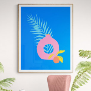 Kleurrijke Boho Botanische Fruit Kunst in Blauw Poster